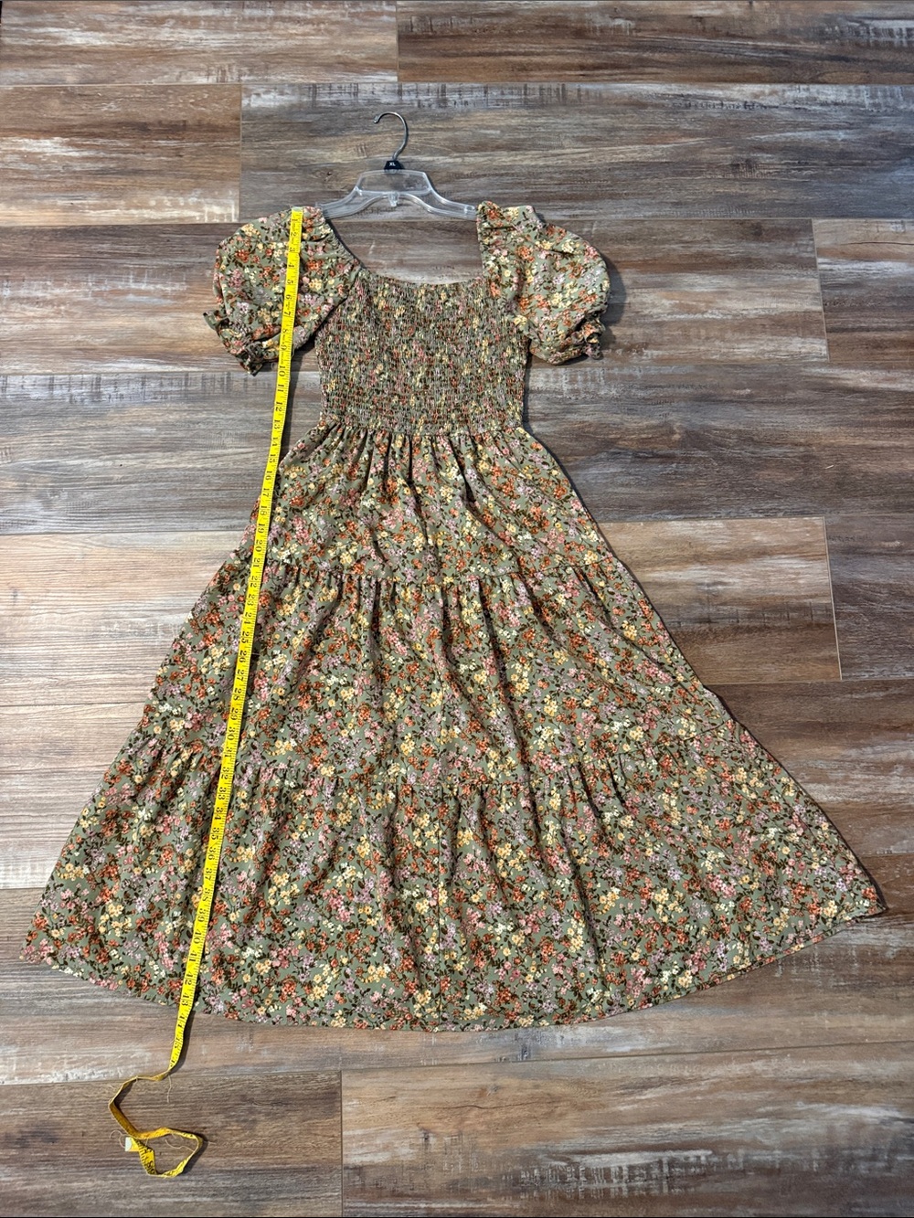 mine Floral Puff-Sleeve Tiered Maxi Dress in Olive Green and Rust